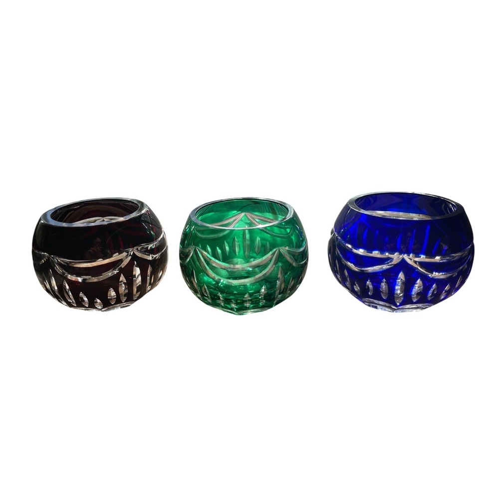 Vintage Bohemian Cut to Clear Crystal Votive Candle Holders Set of 3 Jewel Tones